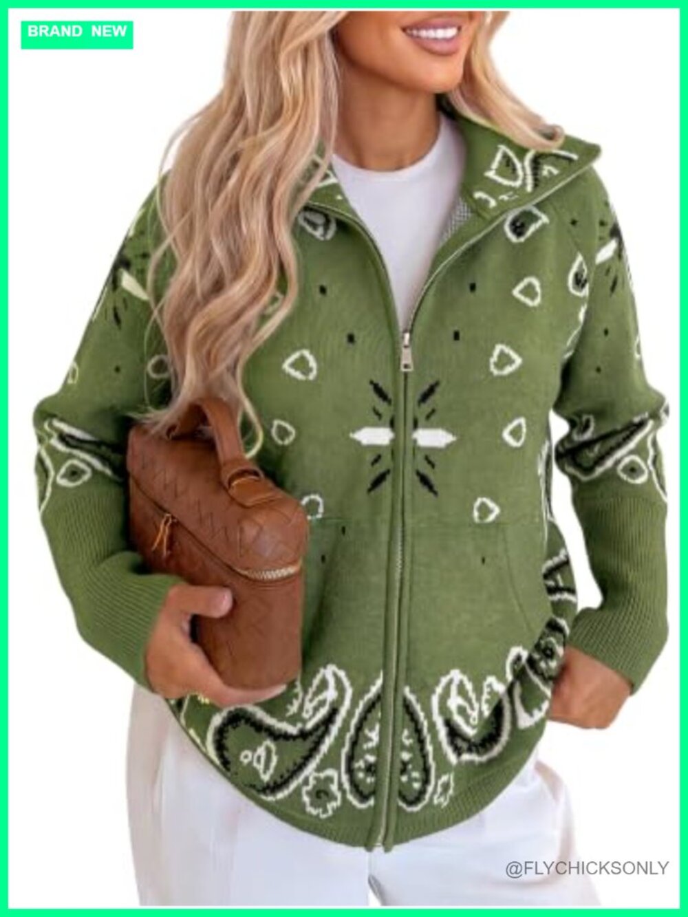 Zip Up Cardigan Sweater Stand Collar Knit Jacquard Fuzzy Loose Fit